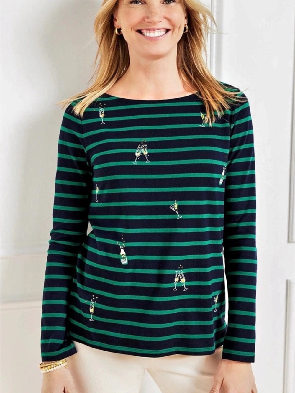 Talbots Cheers Embroidered Bateau Neck Striped Tee